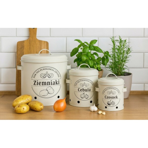 Komplet 3 pojemników do przechowywania Ziemniaki Cebula Czosnek kremowy