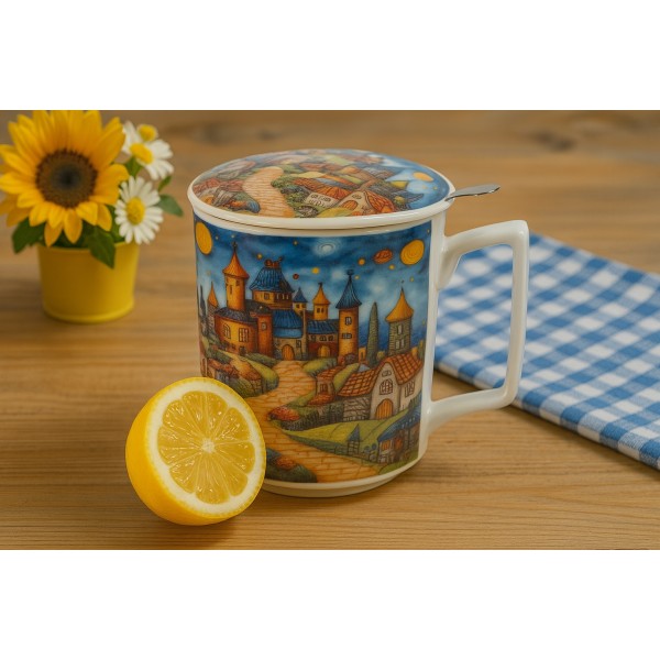 Kubek porcelanowy 450 ml z zaparzaczem Modern Sleepy Kingdom