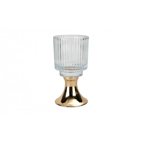 Świecznik szklany ryflowany Kielich 14 cm złoty