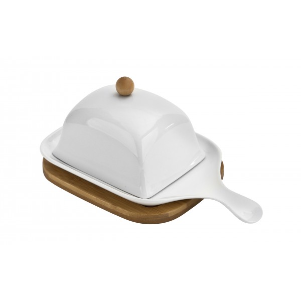 Maselnica porcelanowa z drewnianą podstawą