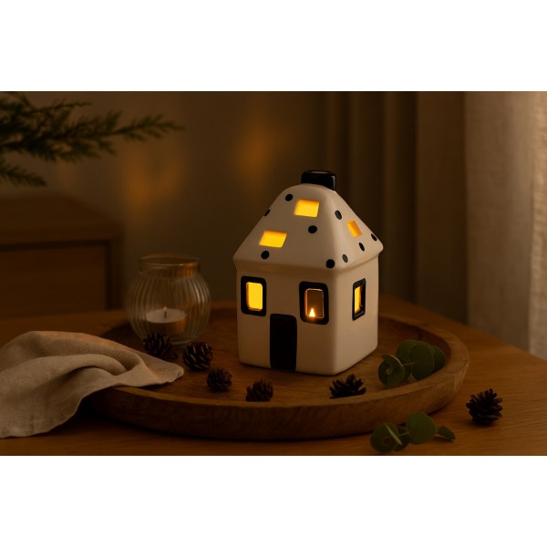 Domek ceramiczny na t-light biało-czarny 15 cm