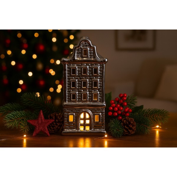 Ceramiczna ozdoba Kamieniczka LED świecąca srebrna duża 20 cm