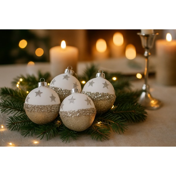 Komplet 4 bombek szklanych 8 cm biały-złoty 8448