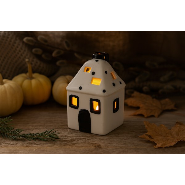 Domek ceramiczny na t-light biało-czarny 11 cm
