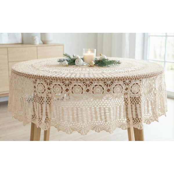 Obrus koronkowy okrągły 170 cm ecru – wzór ażurowy
