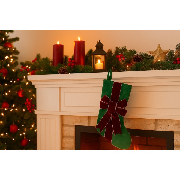 Świąteczna skarpeta na prezenty Zielona z kokardą