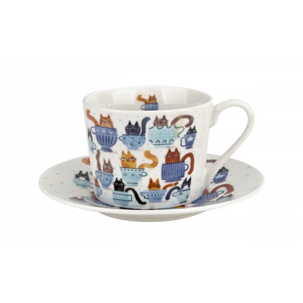 Filiżanka porcelanowa 230 ml + spodek Koty w filiżankach