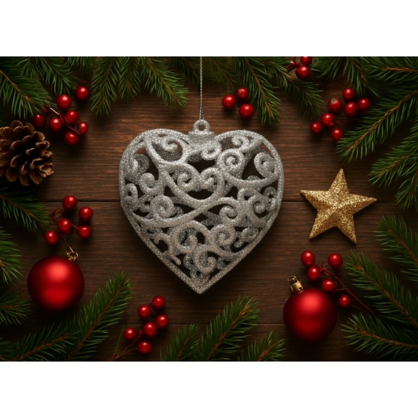 6x Bombka srebrna serce