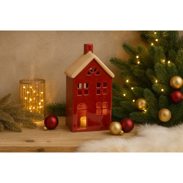 Figurka świecąca Domek ceramiczny czerwony duży 8044