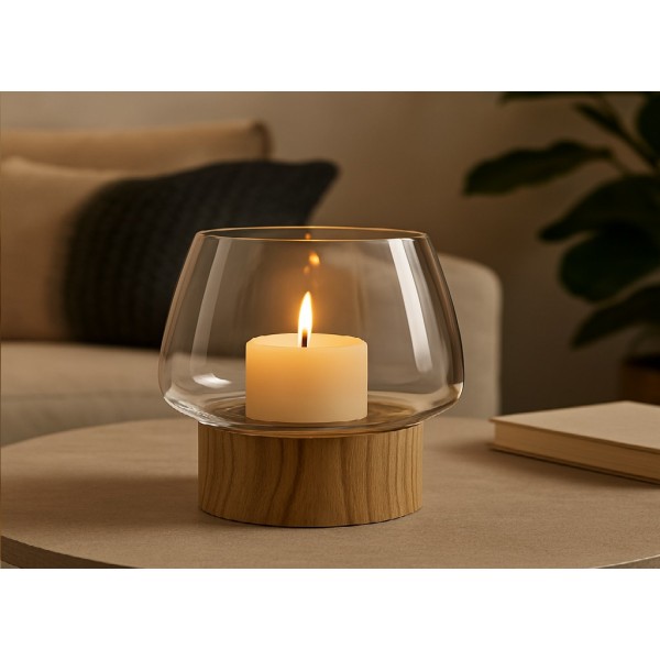 Świecznik szklany 16 cm drewniana podstawa JK0239