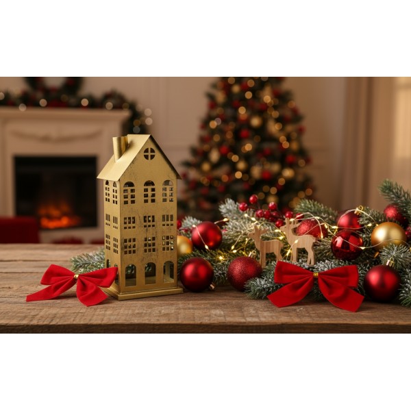 Ozdoba świąteczna domek 42,5 cm złoty metal 8716