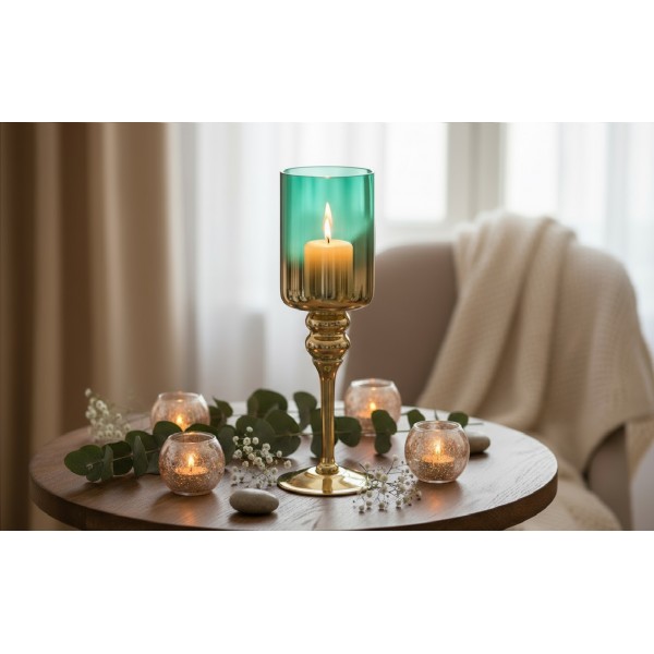 Świecznik szklany złoto - zielony 35 cm JK0190
