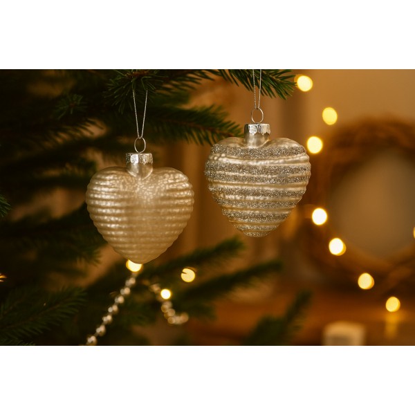 Komplet 2 bombek szklanych 8 cm Serca szampan