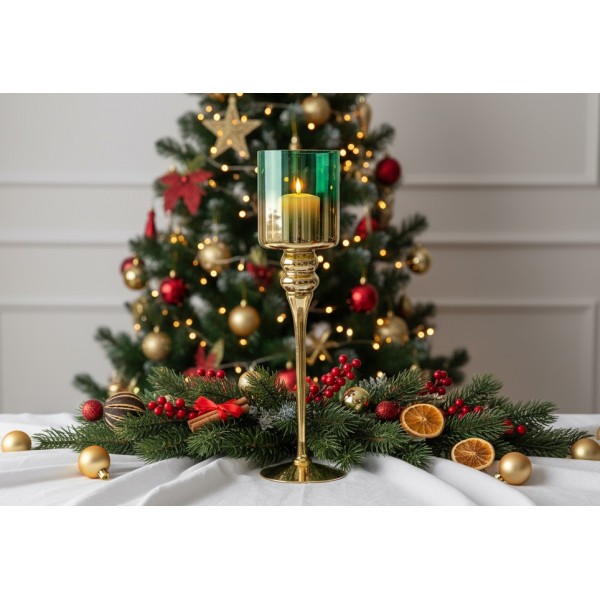 Świecznik szklany złoto - zielony 40 cm JK0190