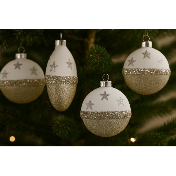 Komplet 4 bombek szklanych 8 cm biały-złoty 8450