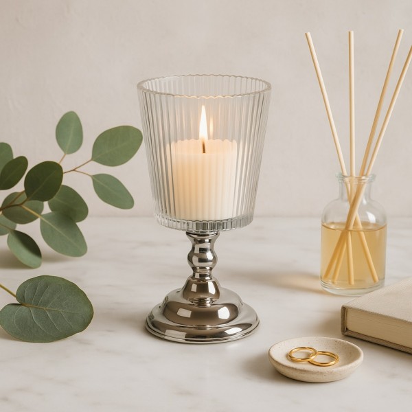 Świecznik szklany na metalowej nodze 20cm JKO288