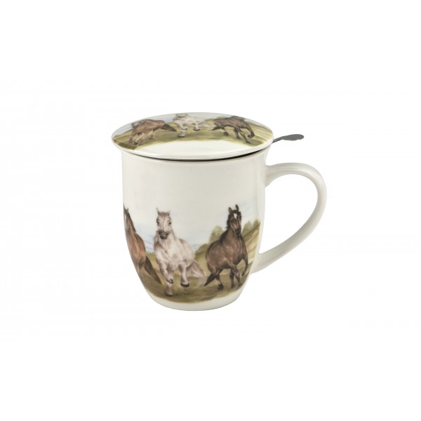 Kubek porcelanowy 400 ml z zaparzaczem KONIE W GALOPIE