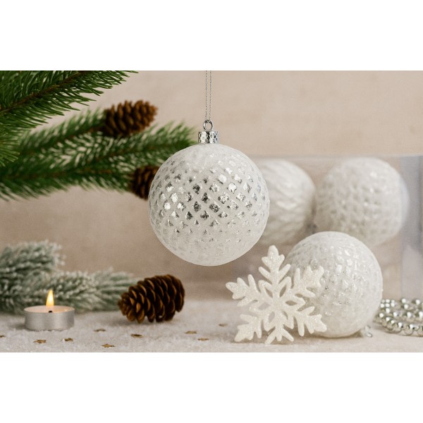 Komplet bombek 6 szt. biały-srebrny 10 cm 147588