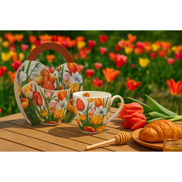 Kubek porcelanowy 460 ml Tulipany w koszyczku