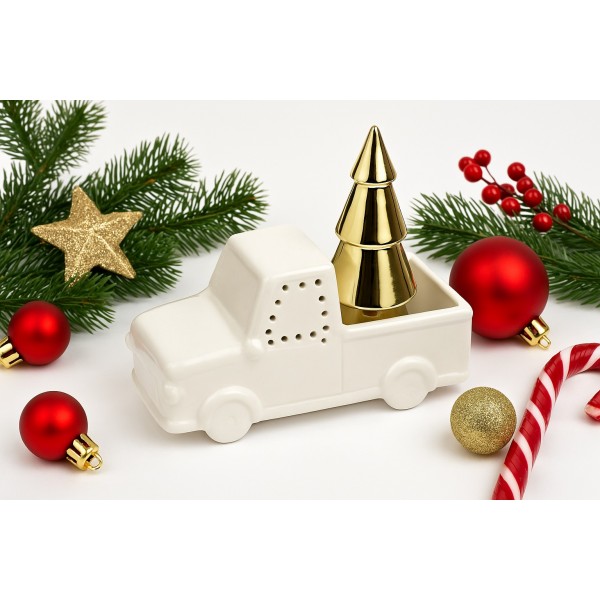 Ozdoba świateczna białe autko z choinką w bagażniku 6083