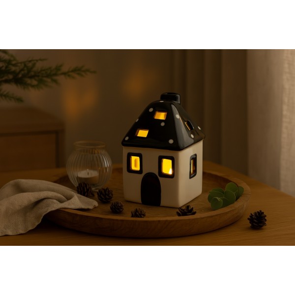 Domek ceramiczny na t-light czarno-biały 15 cm