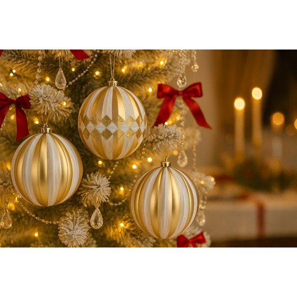 Komplet 4 bombek plastikowych 15 cm złoty-biały 8518