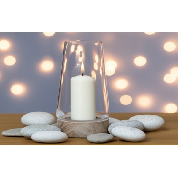 Świecznik szklany 19 cm drewniana podstawa JK0244