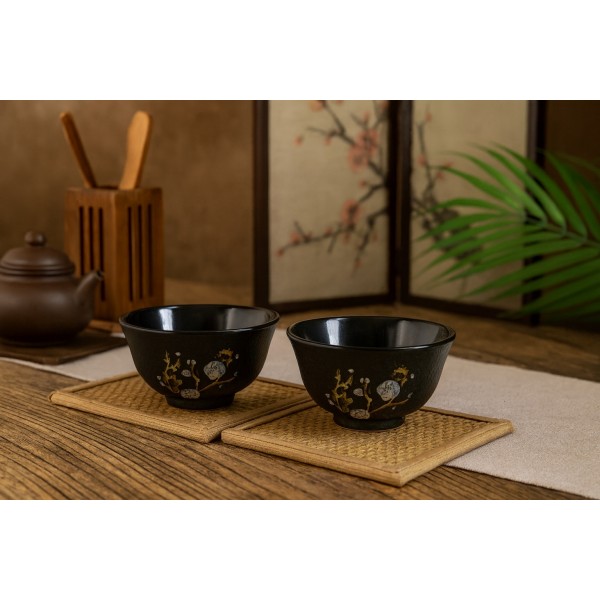Żeliwny zestaw 2 czarek do herbaty Bird czarny Japanese