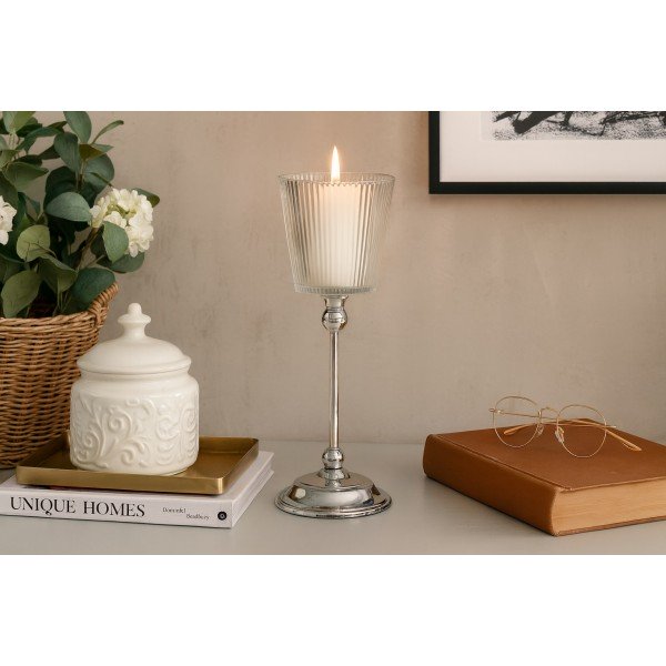 Świecznik szklany na metalowej nodze 34,5cm JKO286