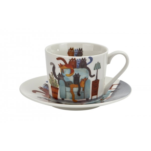 Filiżanka porcelanowa 230 ml + spodek Koci Świat Koty na fotelu