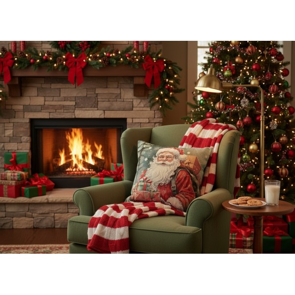 Poszewka dekoracyjna 45x45 cm Mikołaj z prezentem