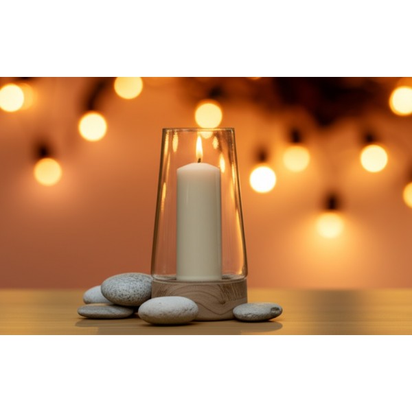 Świecznik szklany 30,5 cm drewniana podstawa JK0245