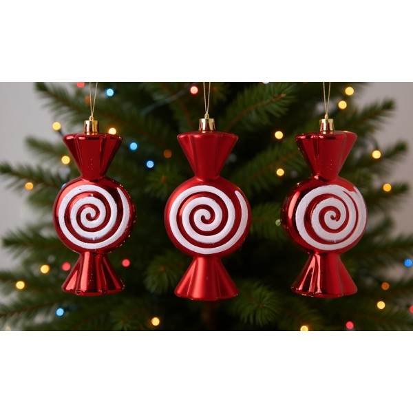 Komplet 3 bombek Cukierek czerwono-biały 9020