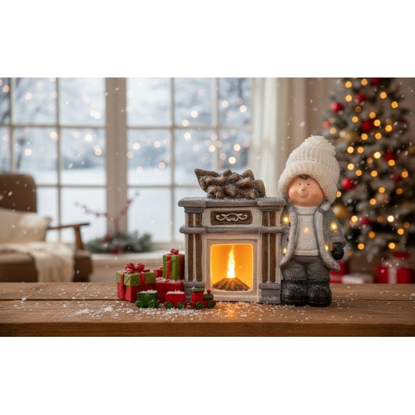 Figurka świąteczna Kominek Chłopiec świecący LED H35 cm