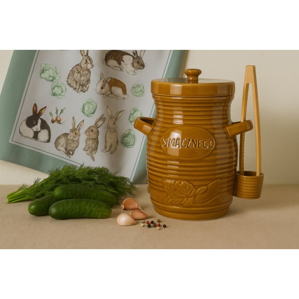 Pojemnik ceramiczny 3,5 L na ogórki ze szczypcami Smacznego 3170 miodowy