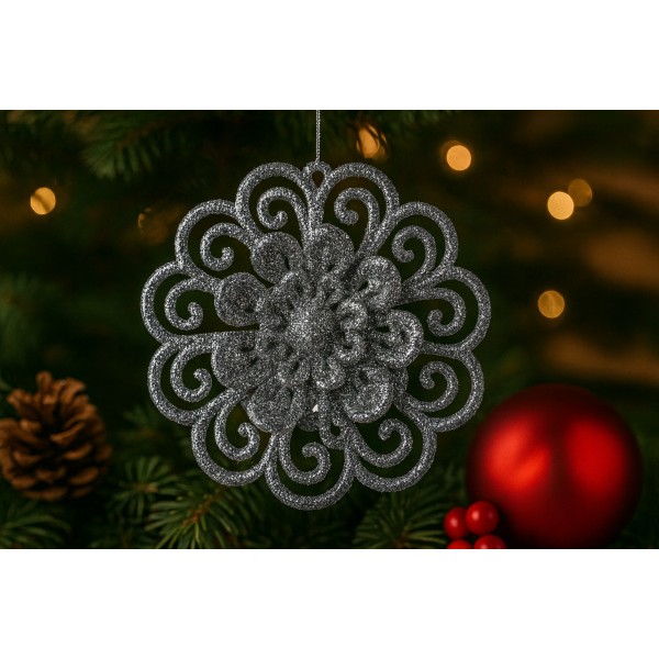 3x Ozdoba świąteczna kwiat srebrna