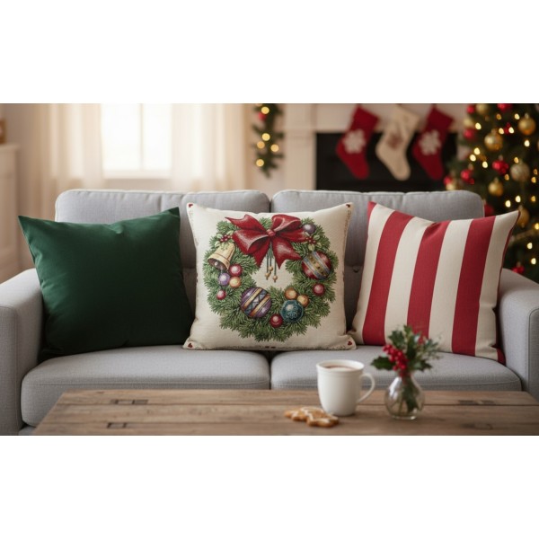 Poszewka dekoracyjna 45x45 cm Wianek Świąteczny z kokardą 010