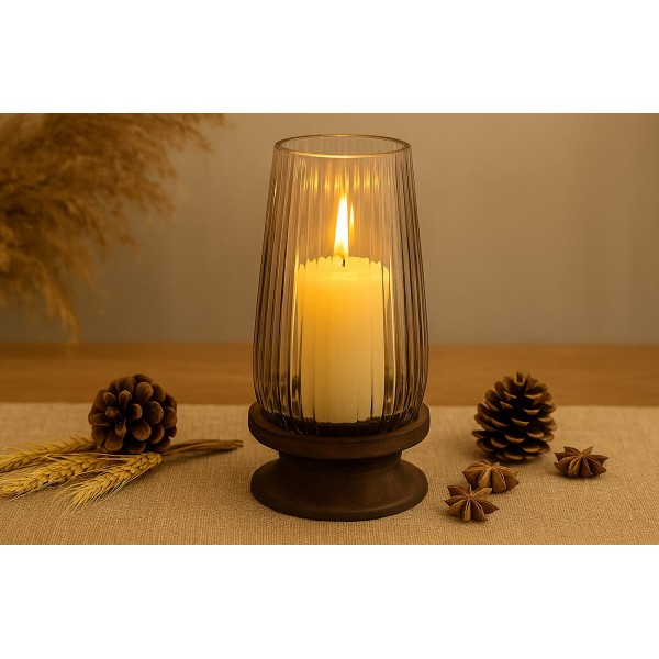 Świecznik szklany 24,5 cm drewniana podstawa JK0204