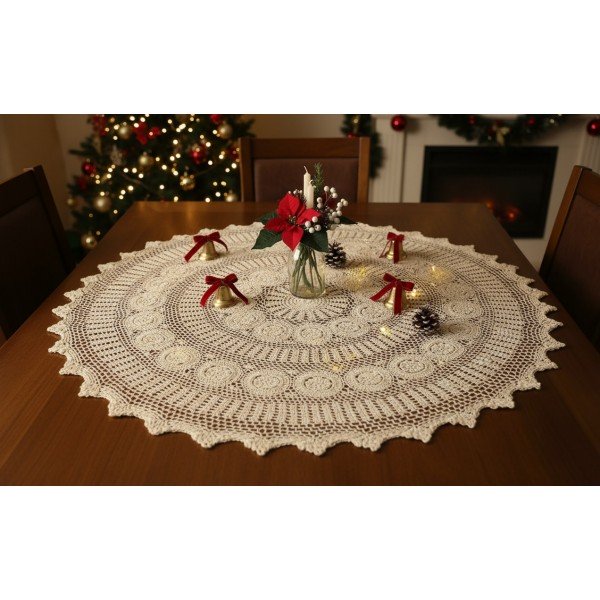 Obrus koronkowy okrągły 150 cm ecru – wzór ażurowy