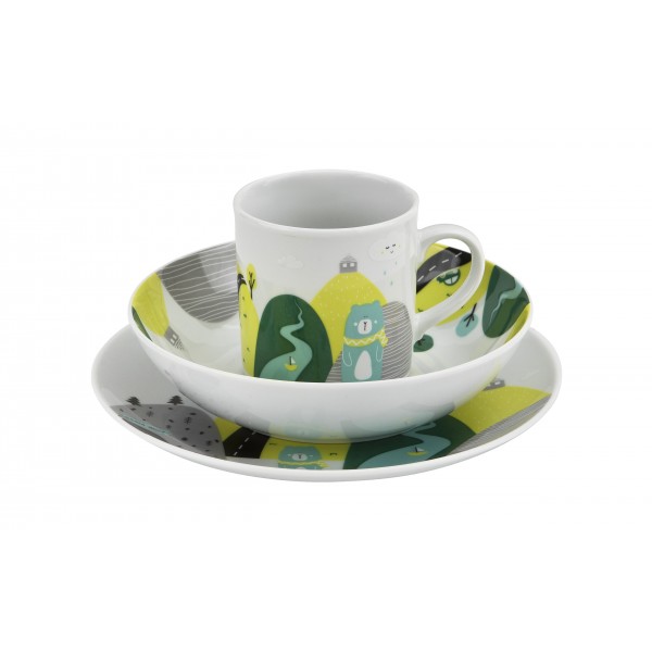 Zestaw naczyń dla dzieci Domek misia zielony porcelanowy