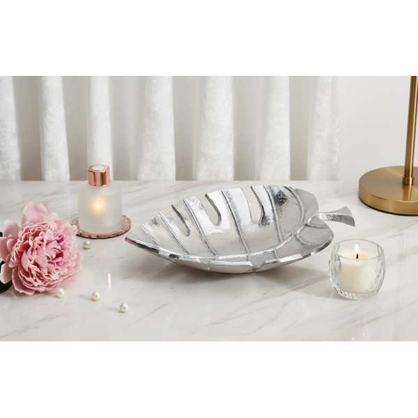 Patera metalowa srebrny liść ażurowy 30 cm