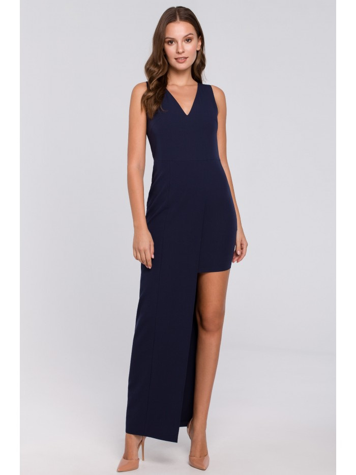 K026 Długa asymetryczna sukienka - granatowa