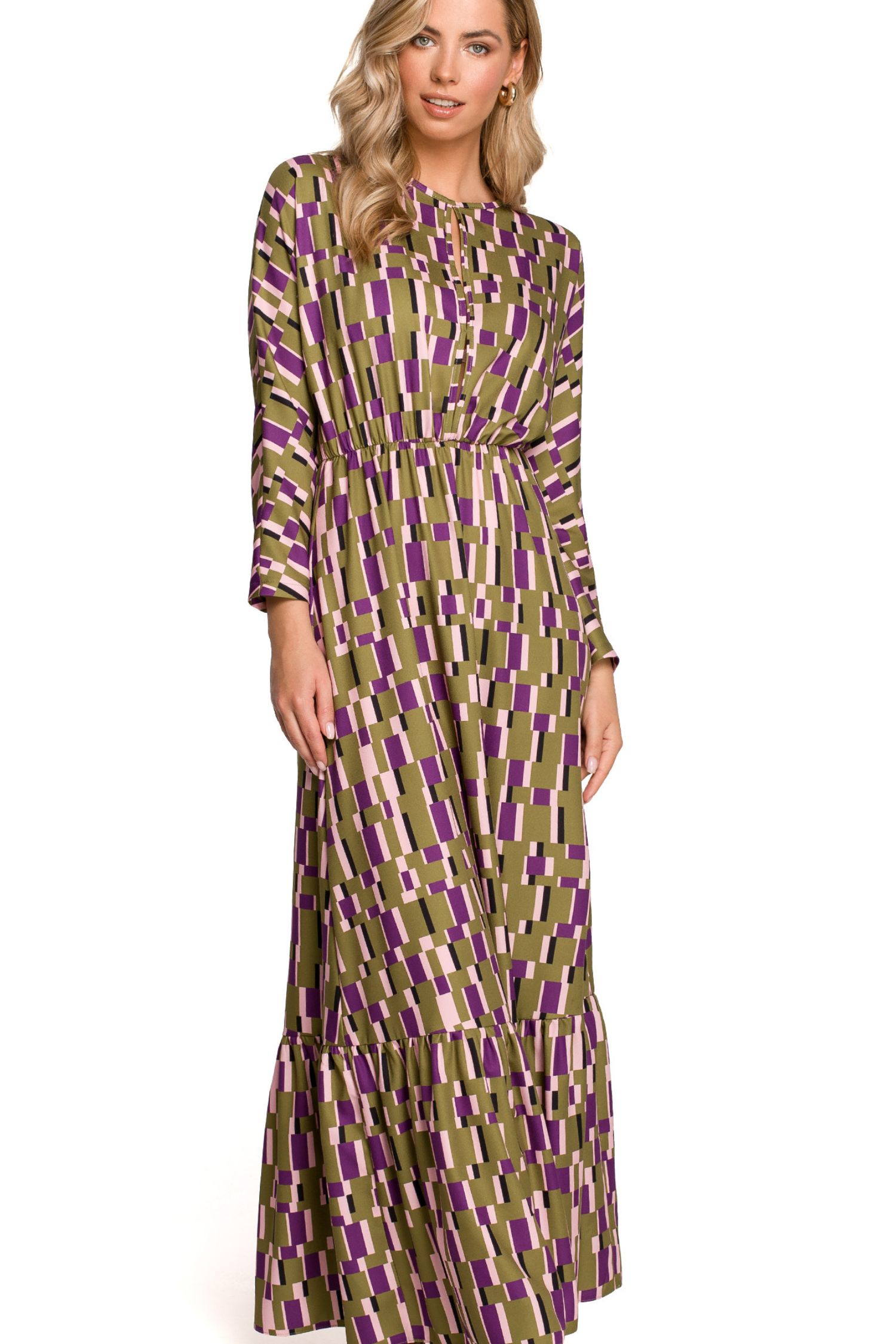 Długa sukienka z falbaną u dołu modny geometryczny nadruk khaki