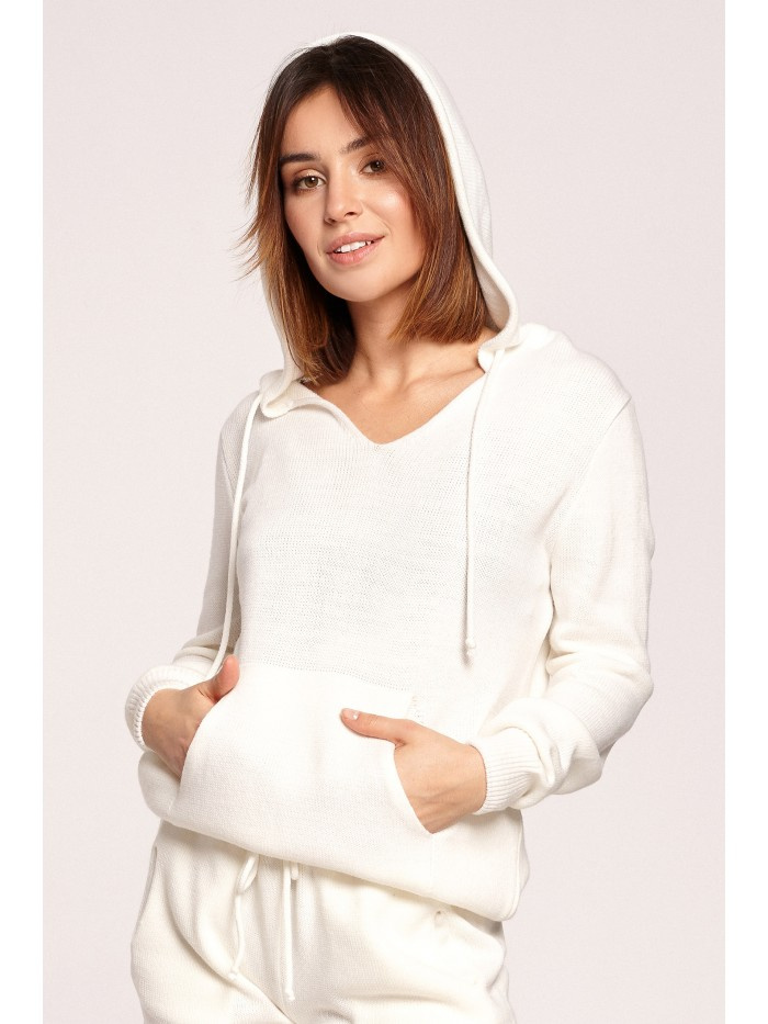 BK064 Sweter z kapturem i kieszenią kangurek - ecru
