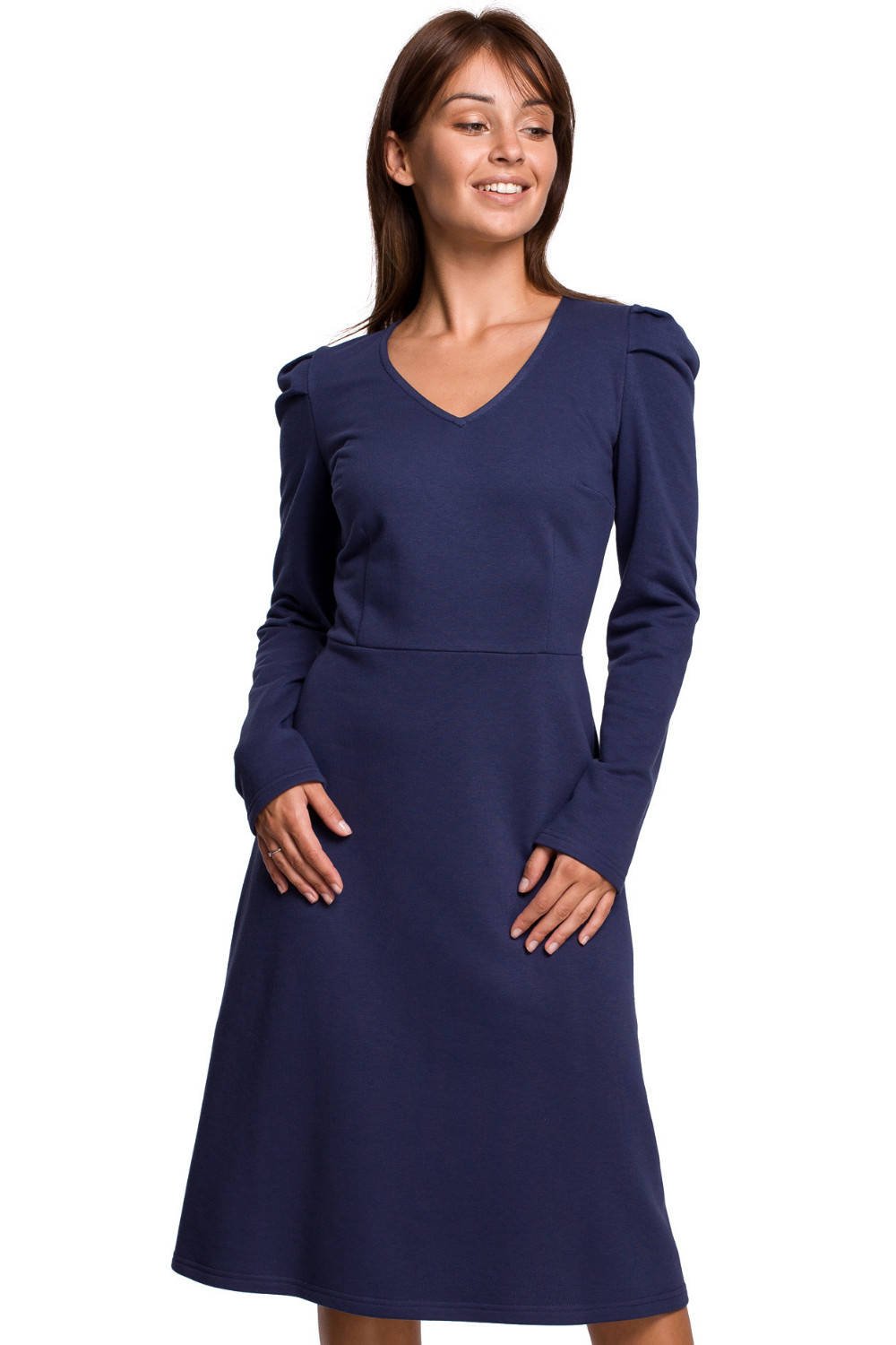 Bawełniana sukienka midi z bufiastymi rękawami i dekoltem V niebieska