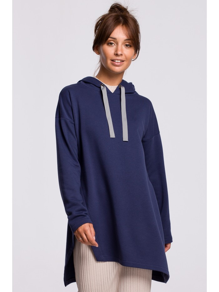 B179 Bluza z kapturem i asymetrycznym rozcięciem - niebieska