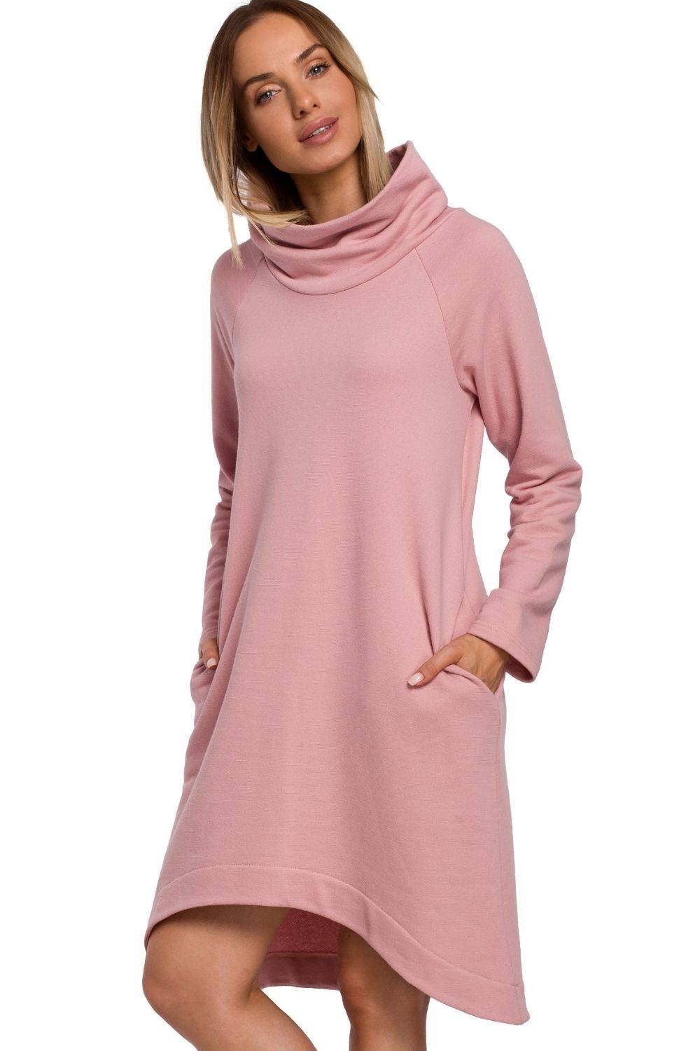 Sukienka trapezowa midi asymetryczna dzianinowa z bawełny pudrowy róż