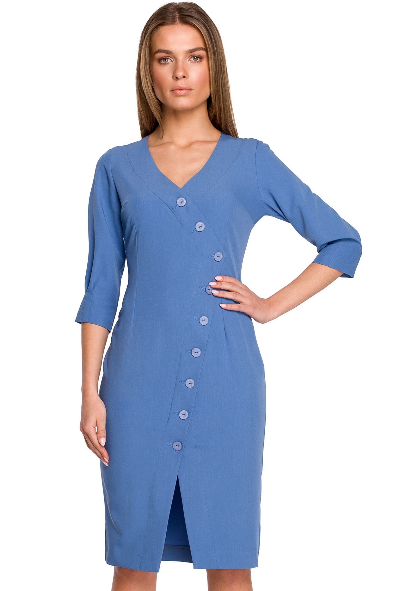 Sukienka ołówkowa kopertowa z dekoltem V ozdobne guziki niebieska