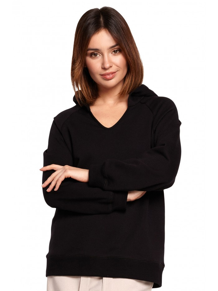 B189 Bluza Z Dekoltem I Kapturem - czarna