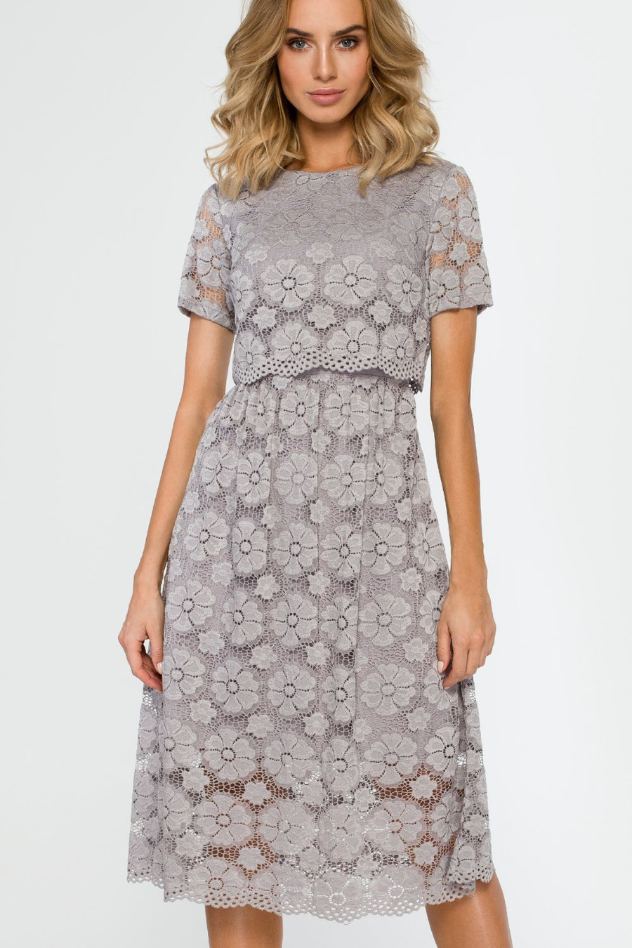 Sukienka na wesele koronkowa lekko rozkloszowana midi szara